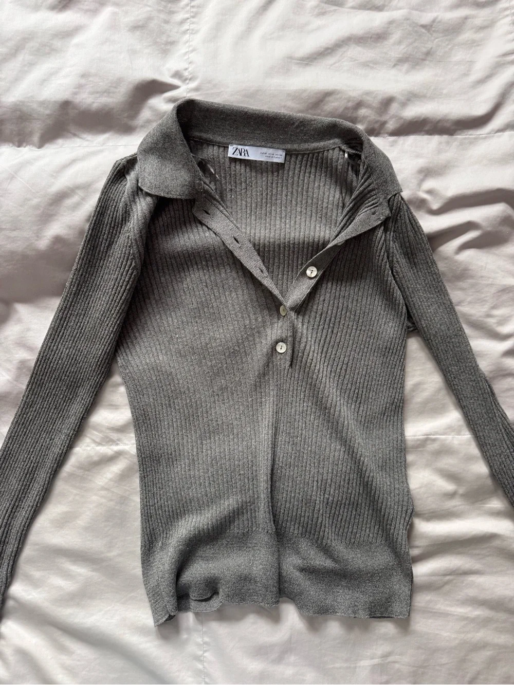 Zara Gray Ribbed V-Neck Polo Sweater